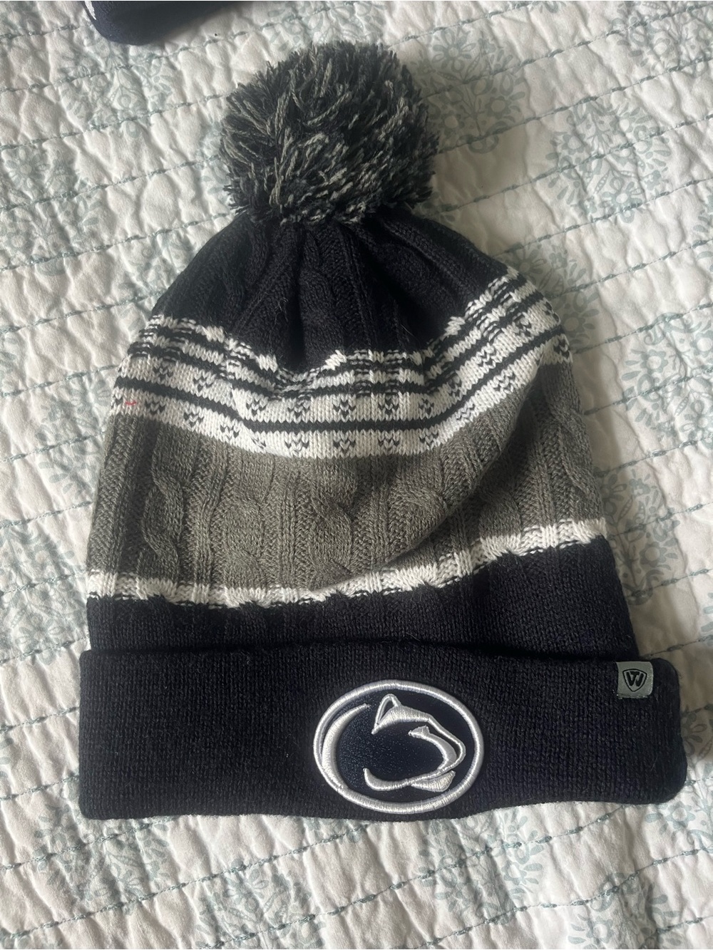 Penn State Pom Beanie in Navy, Gray & White